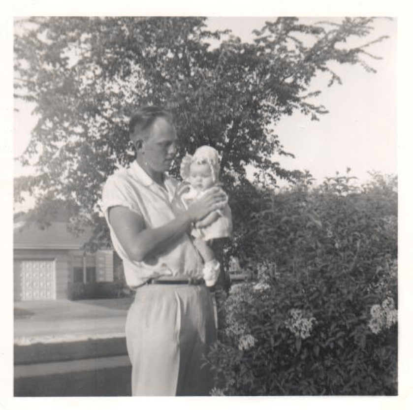 Photo of Allen Carlson and his then infant daughter, Karen.