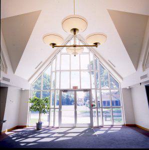 St. Mark Lutheran Church lighting fixture and front door with glass wall view